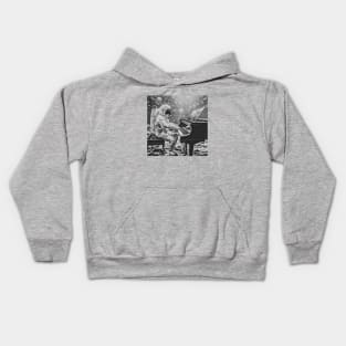 Astronaut Playing Piano Symphony on a Water Planet (Black and White), Cosmic Crescendo Kids Hoodie